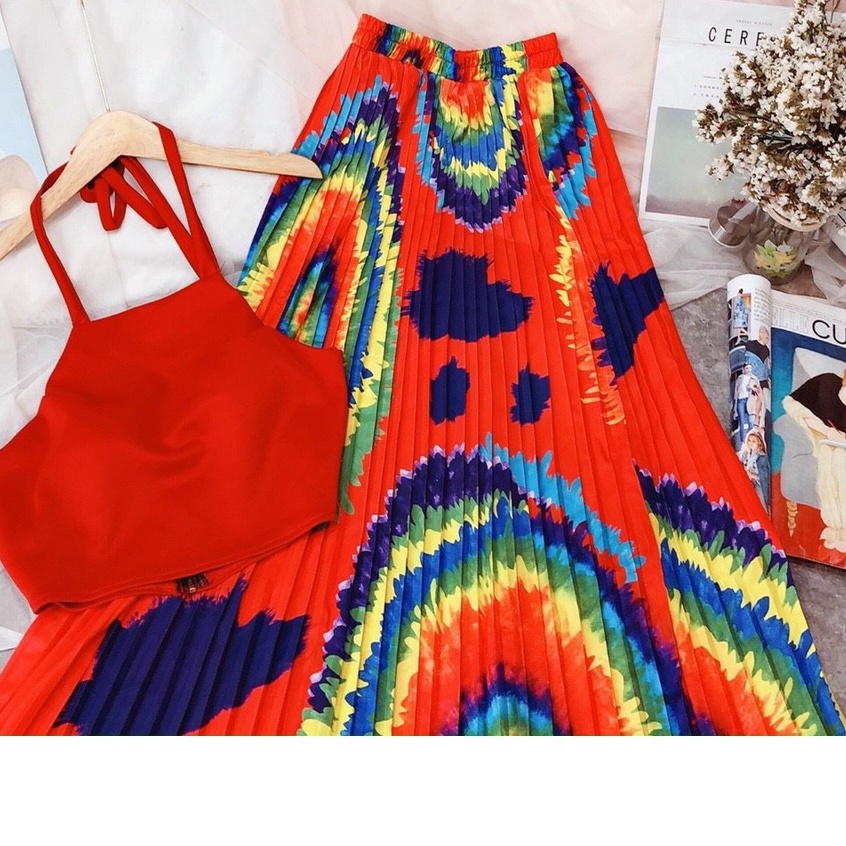 Đầm Maxi Nữ - Set Váy Đi Biển Dạng Áo Croptop Yếm Phối Chân Váy Xòe Xếp Ly Dáng Dài Siêu Xinh | BigBuy360 - bigbuy360.vn