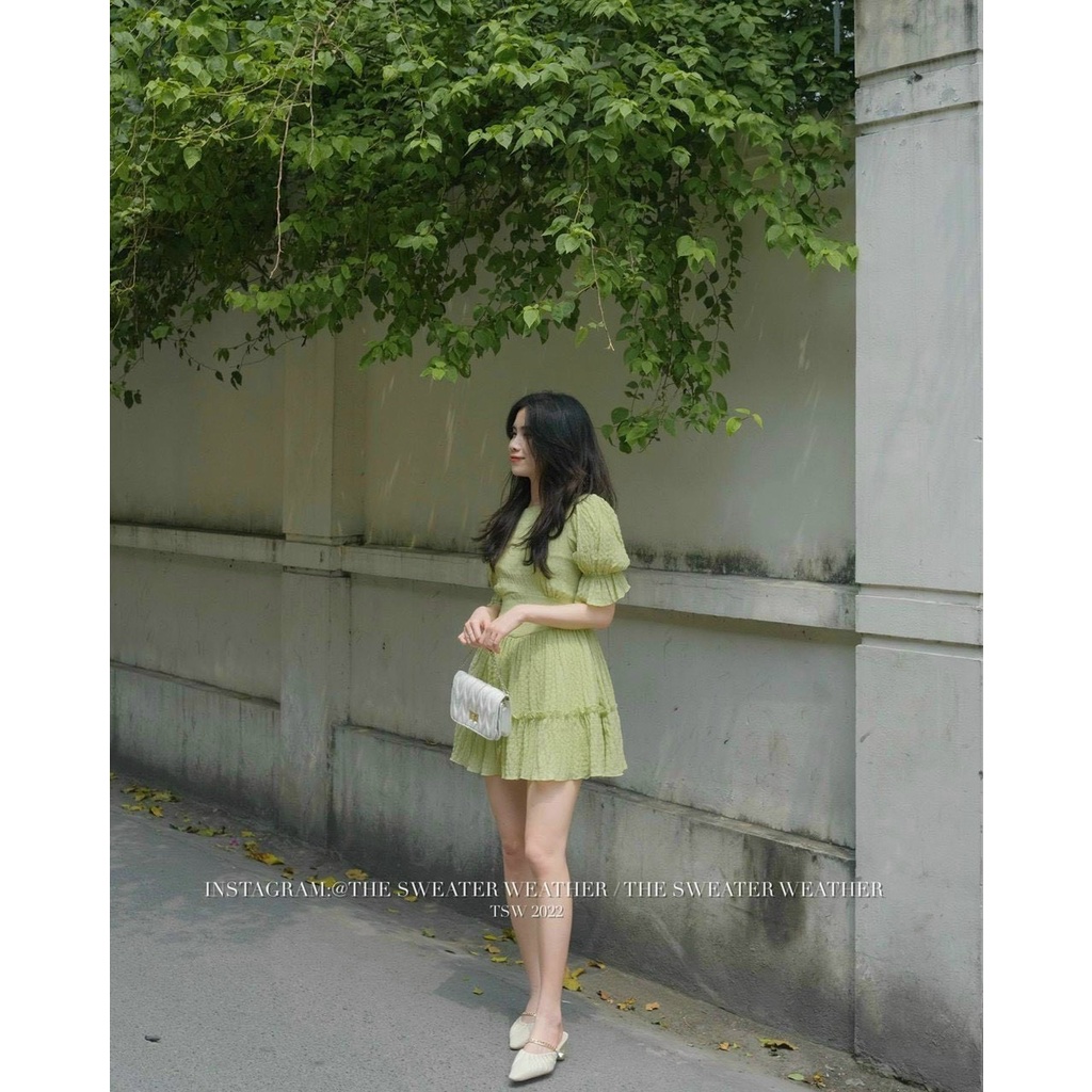 Đầm tay phồng mooking ba màu nâu đen xanh có mút có lót