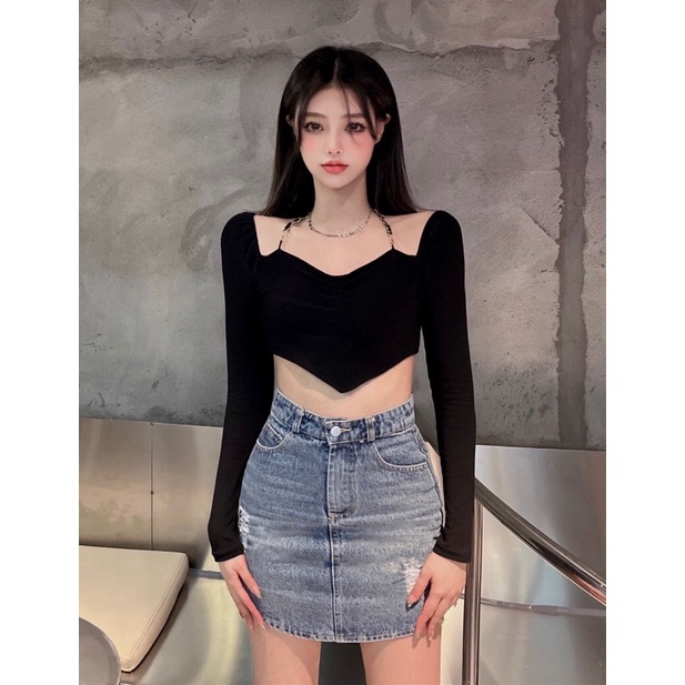 Áo croptop tay dài hở lưng phối xích ôm body sexy, áo vạt chéo ôm body A282