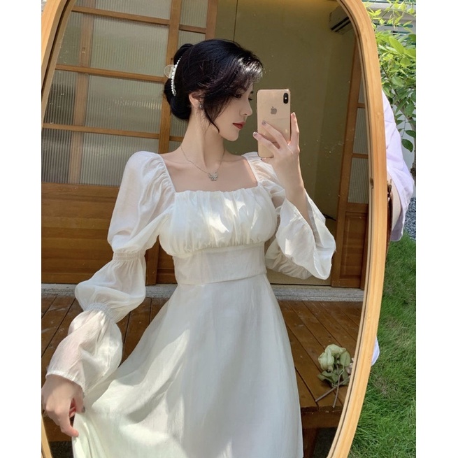 Váy tiểu thư cổ vuông dáng dài nơ lưng hai lớp