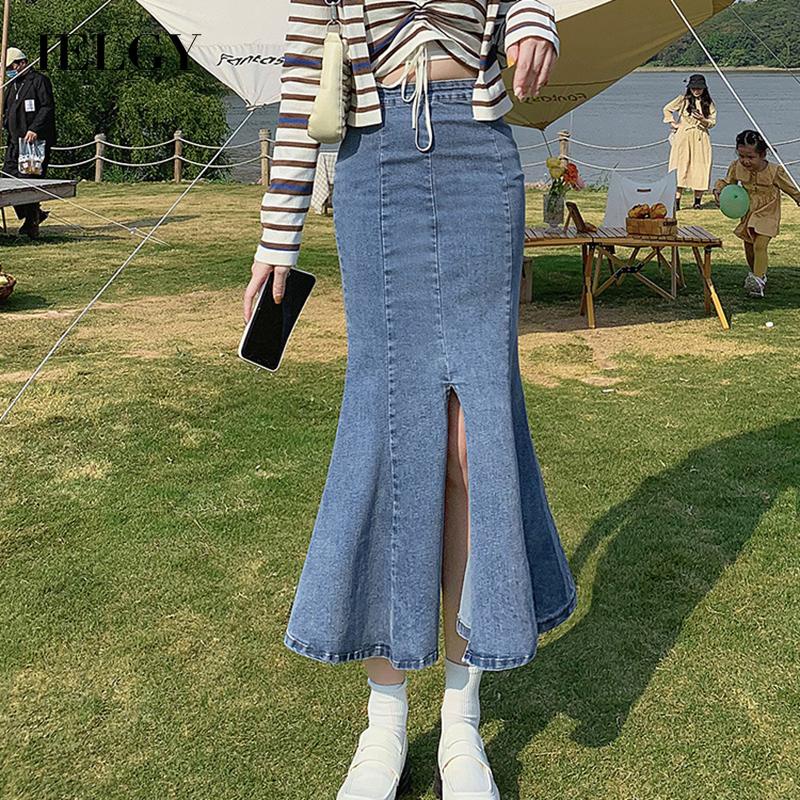 Chân váy chữ A lưng cao IELGY chất liệu denim thời trang cho nữ