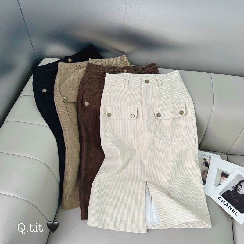 Chân váy nhung tăm chữ A xẻ trước túi hộp khuy đóng siêu hách dáng