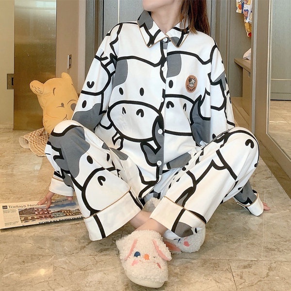 Đồ bộ pijama nữ dài tay TOZZO chất liệu thun họa tiết bò sữa dễ thương form bigsize 45-62Kg PZDD01