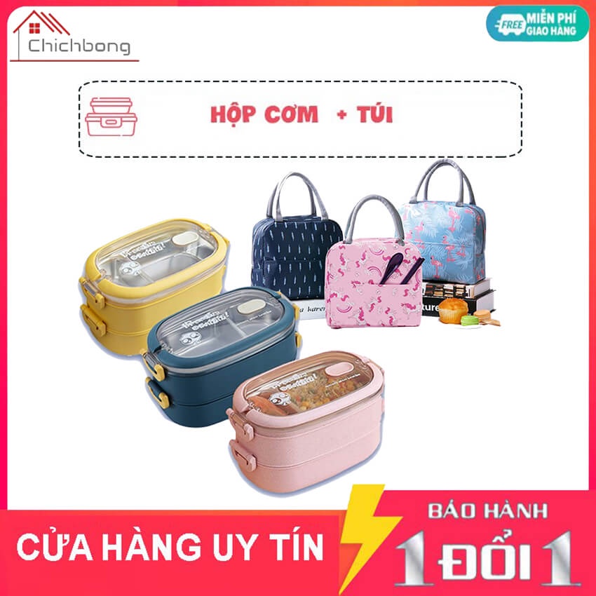 [FULL COMBO] Hộp Cơm Giữ Nhiệt Lúa Mạch 2 Tầng Ruột Inox 304, Hộp cơm văn phòng dung tích 1,5l + Túi giữ nhiệt họa tiết