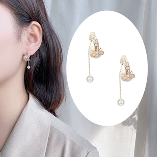 Simple design bow ear hook earrings inlaid with rhinestones and imitation pearls