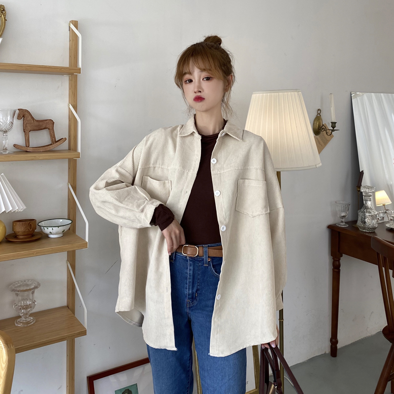 SUXI Áo Khoác Cardigan Nhung Kẻ Dài Tay Dáng Rộng Màu Trơn Phong Cách Retro Hàn Quốc