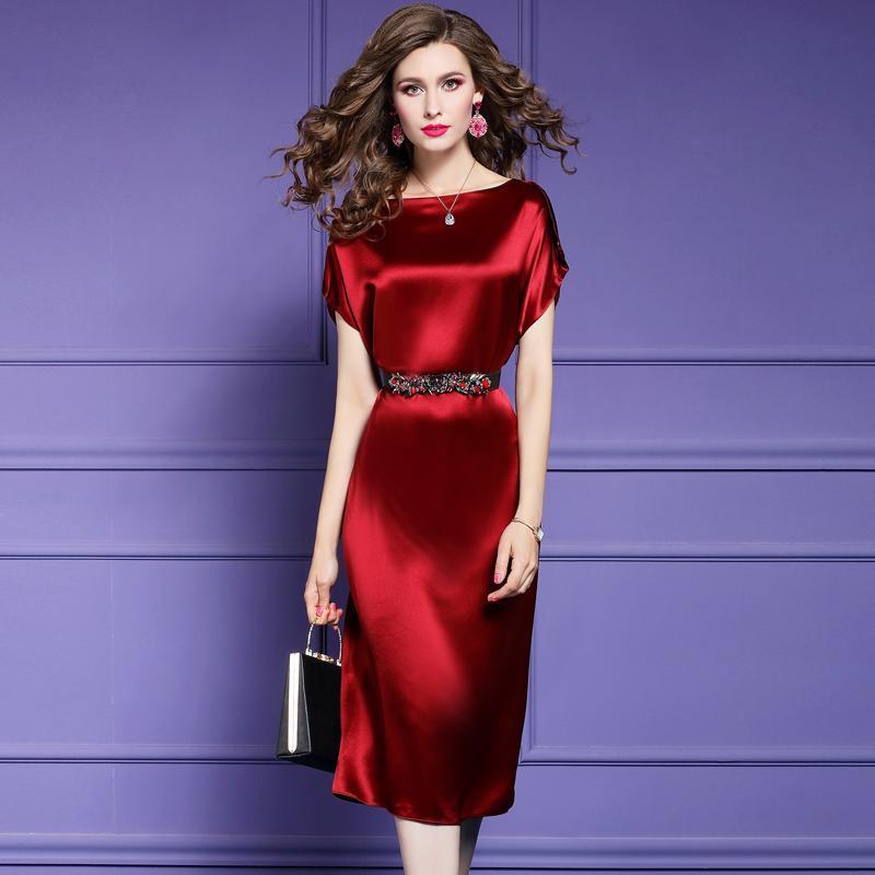 Elegant temperament fiber silk silky smooth satin women's short-sleeved mid-length lace-up summer slim slimming ladies skirt A-line