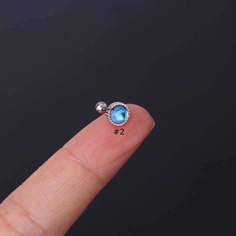 Khuyên tai đơn mặt tròn đính đá nhân tạo thép không gỉ dài 6mm 20G
