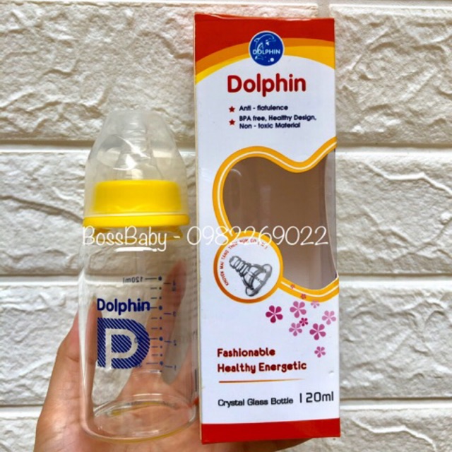 (Tặng thêm 1 núm) Bình sữa thuỷ tinh Dolphin cổ hẹp 120ml/240ml