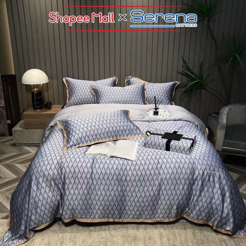 Bộ Drap Giường 5 Món Lụa Tencel SERENA Cao Cấp Set Combo Chăn Ga Ra Grap Trải Bọc Nệm Đệm Giường Trần Bông Chính Hãng