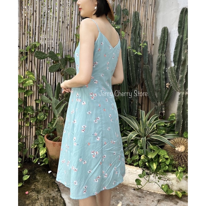 Đầm hai dây hoa nhí phom 7 mảnh tôn dáng chất cotton lụa