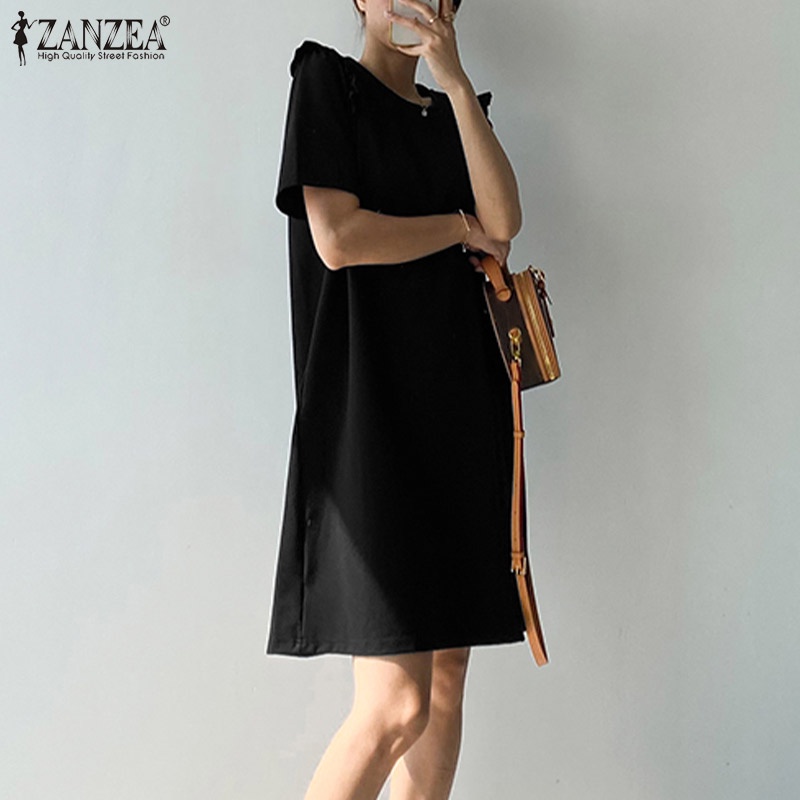 ZANZEA Đầm Tay Ngắn Cổ Tròn Thời Trang Dành Cho Nữ