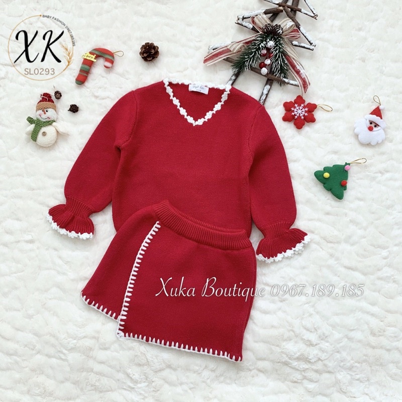 Quần Áo Trẻ Em - Set Len Đỏ Viền Trắng Mặc Noel / Tết Cao Cấp Virgil Kids Bé Gái