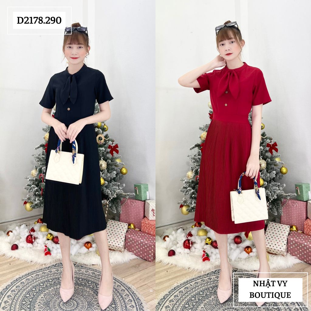 Đầm dập ly cổ tròn phối nơ - D2178