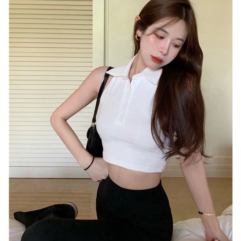 Áo Croptop Polo Kiểu Hở Vai Cổ Bẻ Phối Cúc Phong Cách Gợi Cảm