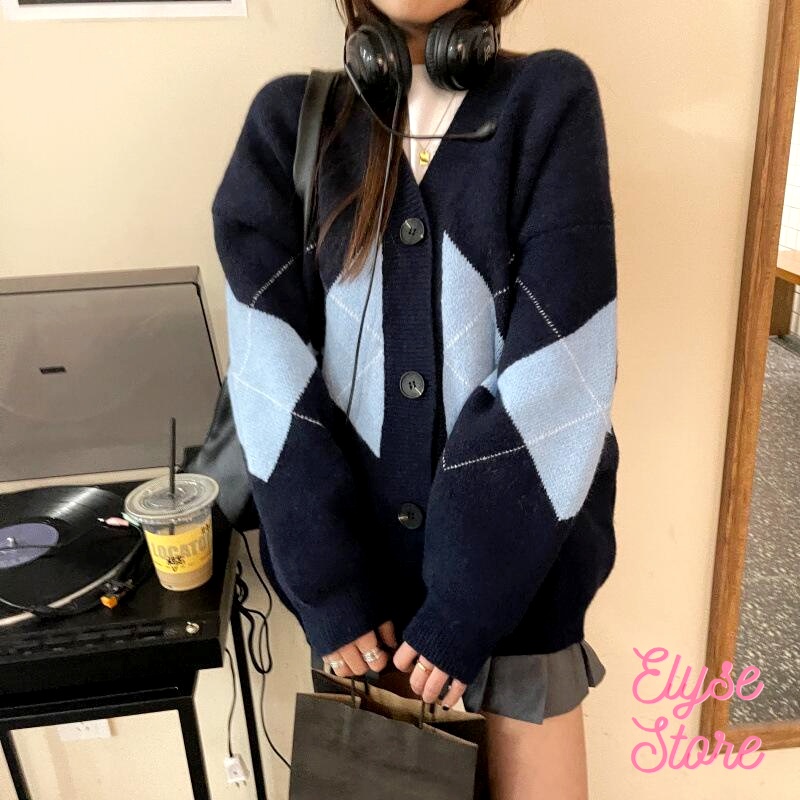 Áo khoác len cardigan retro họa tiết hình thoi dáng dài phong cách Hàn Quốc G-15