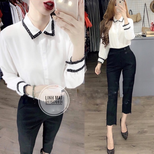 Sơ mi viền kim tuyến 2 màu đen trắng