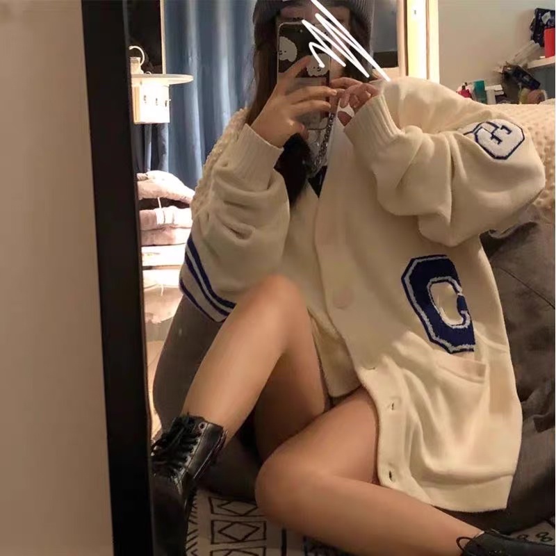 Áo khoác cardigan nỉ bông cotton unisex Thêu chữ viền tay hai màu, dáng rộng cổ chữ V phong cách Hàn Quốc ullzang | BigBuy360 - bigbuy360.vn