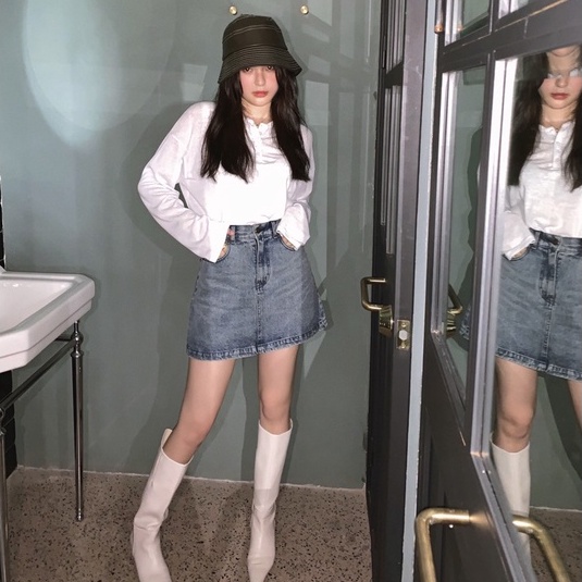 Chân váy jean Dáng Chữ A Lưng Cao Thiết Kế Mỏng Năng Động Thời Trang