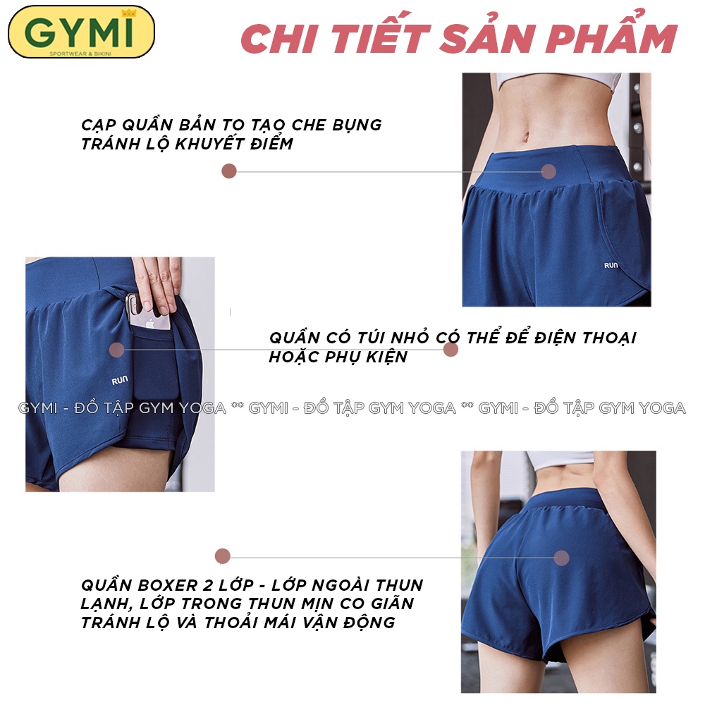 Quần tập gym yoga nữ 2 lớp GYMI QS09 dáng đùi short boxer thể thao chất vải thun lạnh kèm túi đựng điện thoại