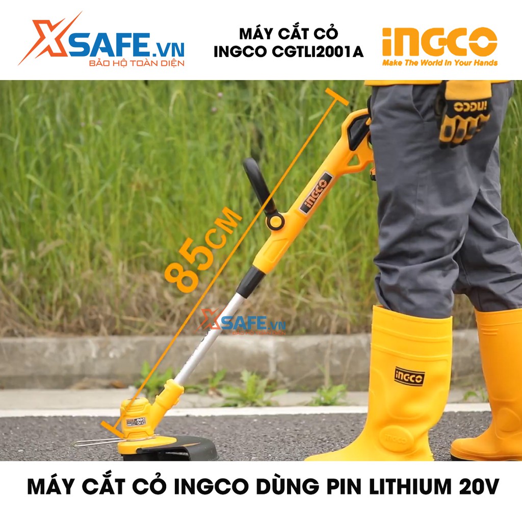 Máy cắt cỏ INGCO CGTLI2001 Tặng kèm Pin Lithium 20V và Sạc. Tốc độ không tải 8500/min, chiều dài lưỡi cắt 300mm