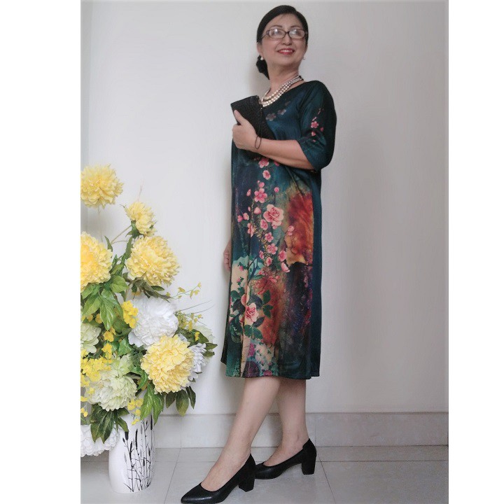 Váy Đầm Trung Niên form Suông A Che Bụng - Lụa Thượng Uyển Sang trọng - Size 48Kg - 90Kg