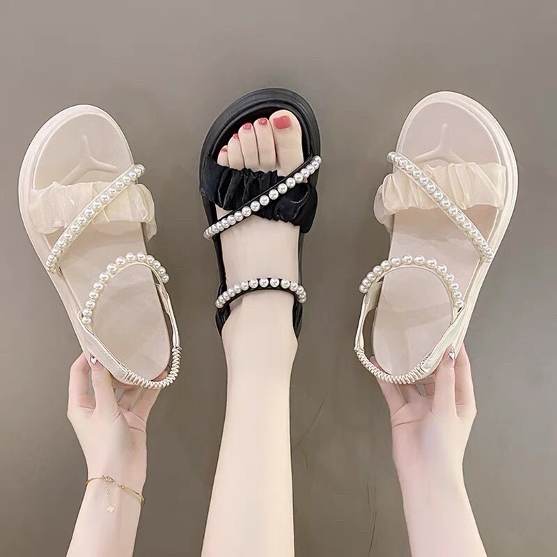 Sandal quai chéo voan phôi dây ngọc quai thun sau - Sandal 619