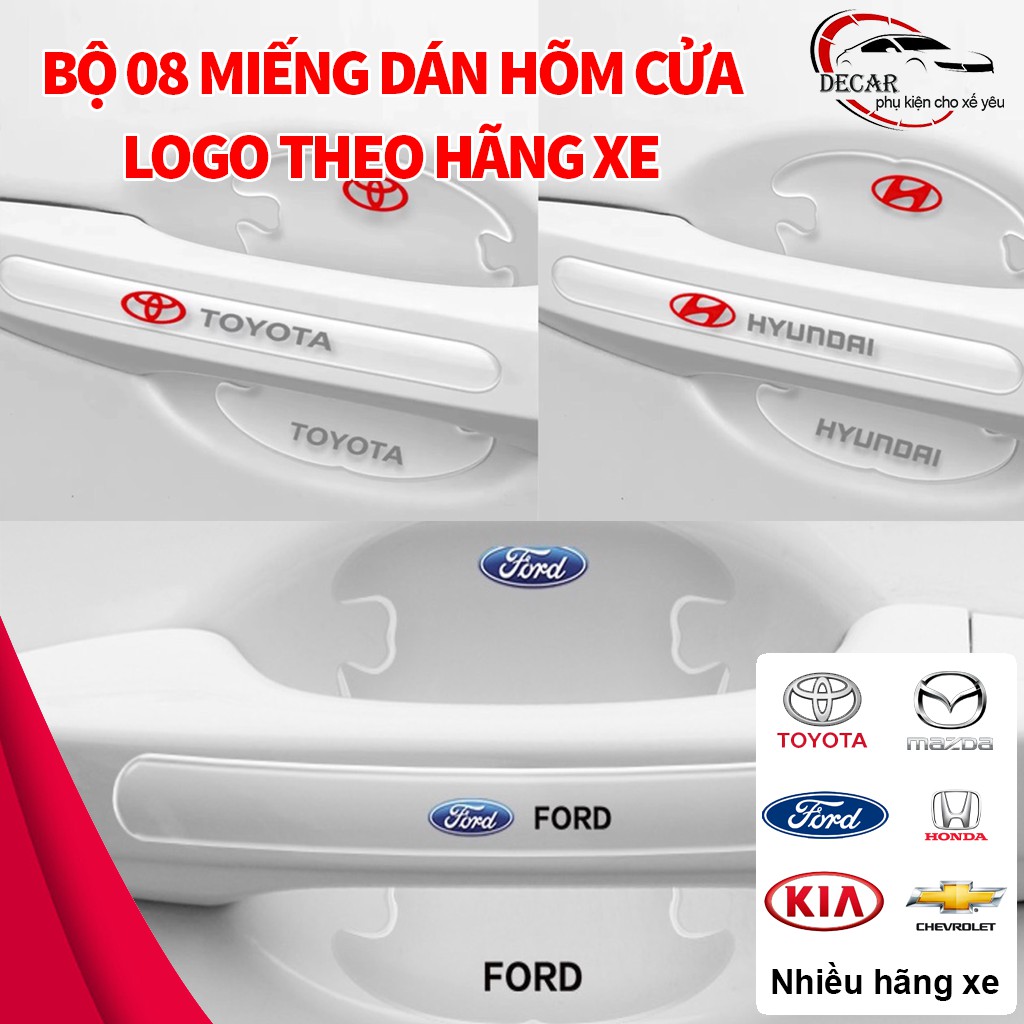 Bộ 08 miếng dán hõm cửa, tay nắm silicon trong suốt chống xước ốp lõm cửa xe Mazda,Toyota,Honda,Hyundai,Kia,Ford,Nissan