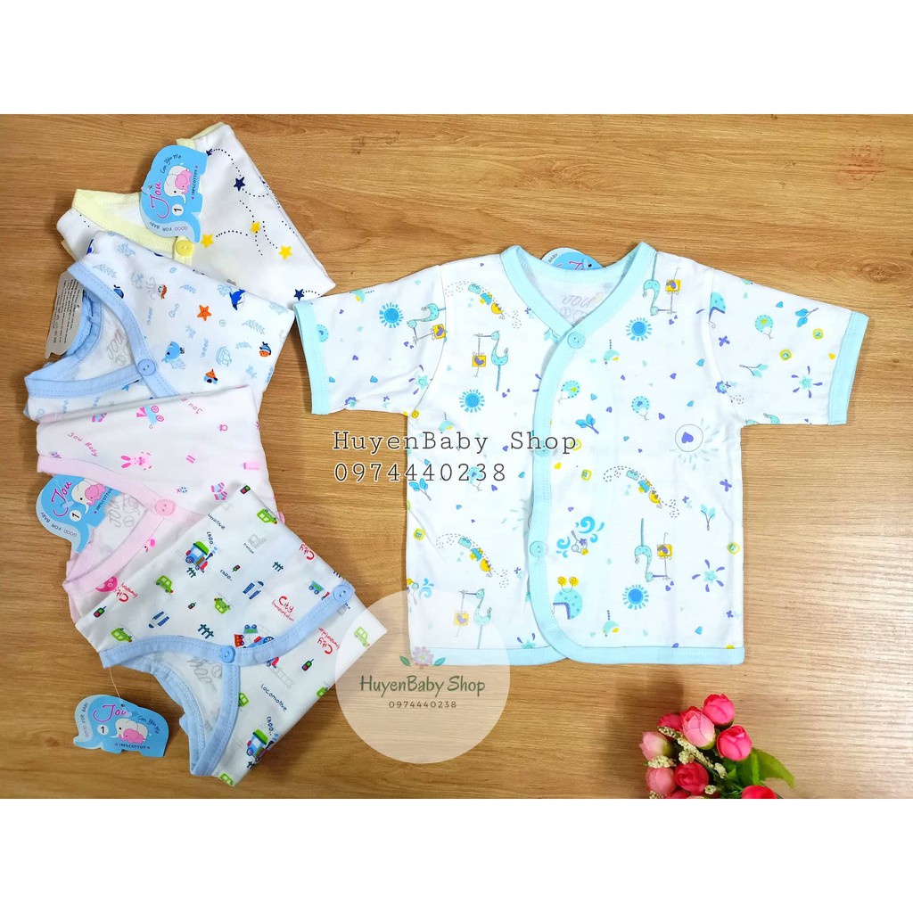 (Hàng loại 1) Combo 5 áo sơ sinh cotton tay ngắn cài nút xéo họa tiết JOU (hàng xưởng may Việt Nam)
