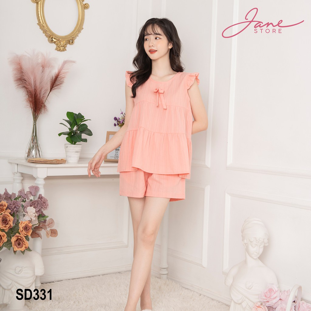 Bộ đồ ngủ nữ mặc nhà chất đũi cổ tròn đính nơ set đồ bộ nữ mặc nhà cao cấp Jane SD33 - Hàng nhập khẩu
