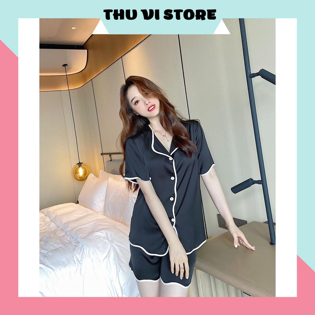 Đồ Bộ Nữ, Bộ Pijama Lụa Áo Nữ Cổ Lật Quần Cọc Viền Gợn Sóng Chất Lụa Satin 3 Màu Hồng, Đen, Trắng Form Dáng Rộng Dưới 60 | BigBuy360 - bigbuy360.vn
