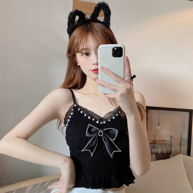 Áo Croptop Hai Dây Cổ Chữ V Thắt Nơ Phối Ngọc Trai Gợi Cảm Cho Nữ