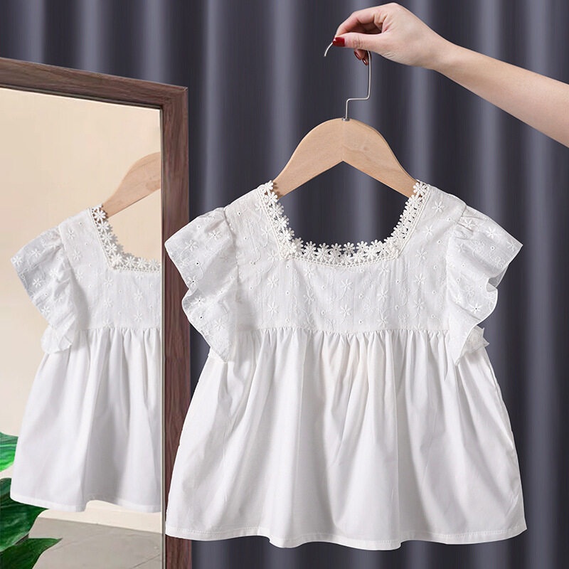 Áo Thun Cotton Cổ Tròn Viền Ren Màu Trơn Thời Trang Cho Bé Gái
