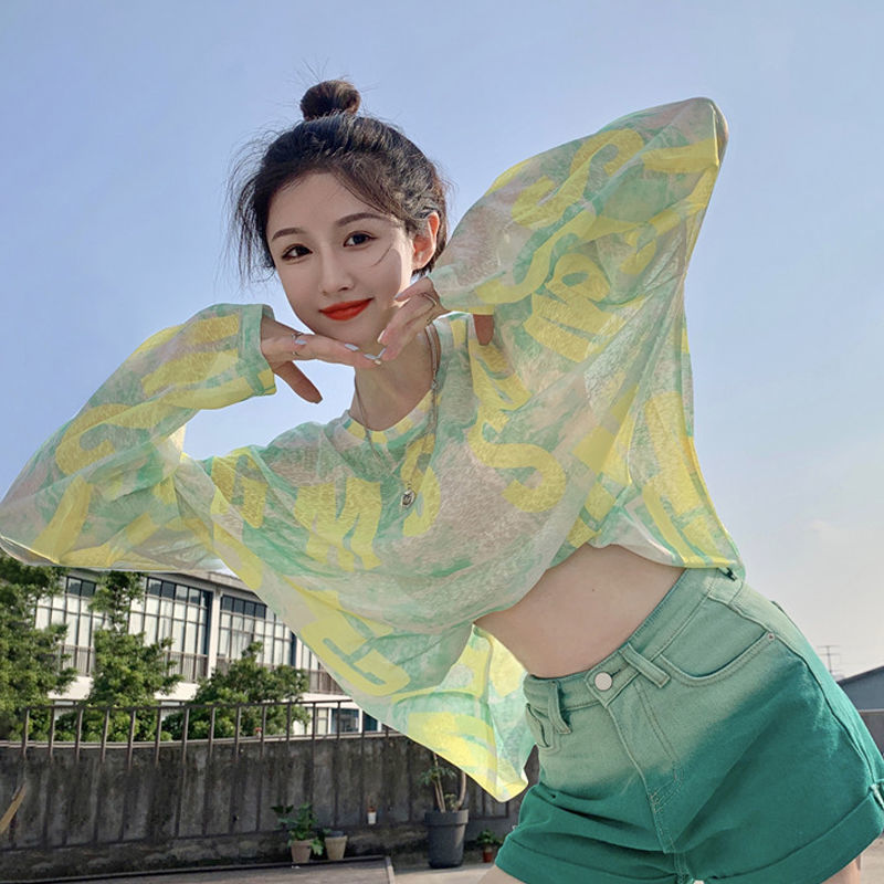 Áo thun tay dài dáng rộng chống nắng phối màu nhuộm cá tính cho nữ