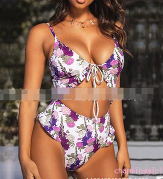 QAQ-Women´s Printed One-piece Swimsuit, Deep V-neck Front Lace-up Hollowed High Waistline Sling Swimwear