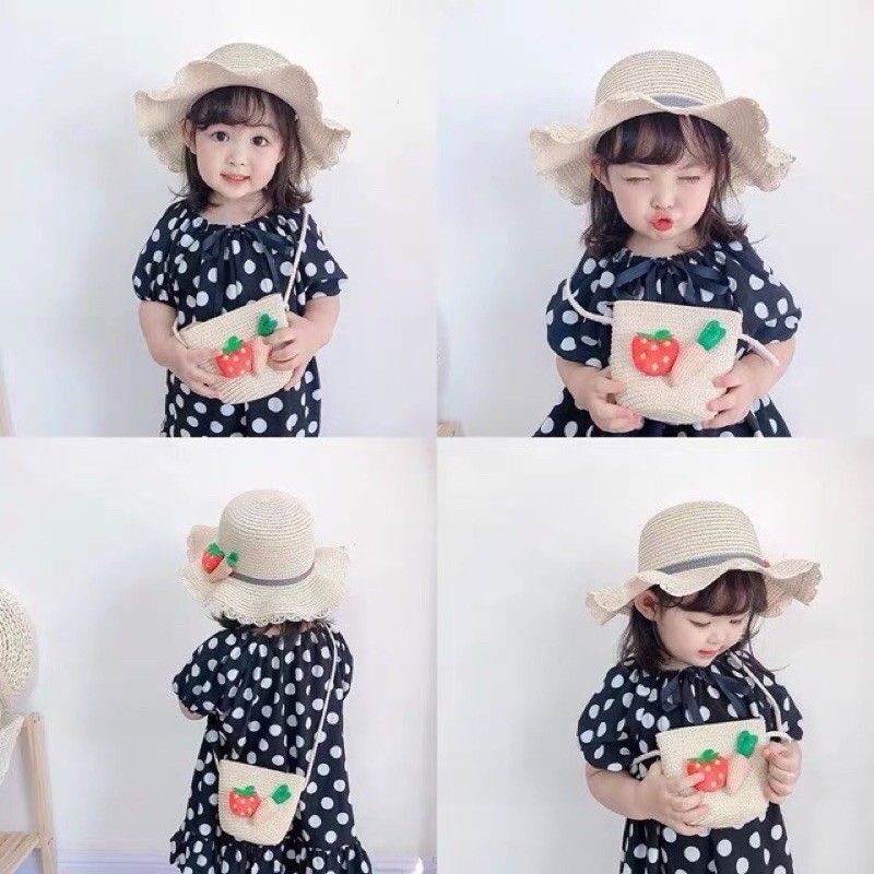 Set mũ cói kèm túi thời trang ca rốt đi chơi đi biển siêu yêu cho bé