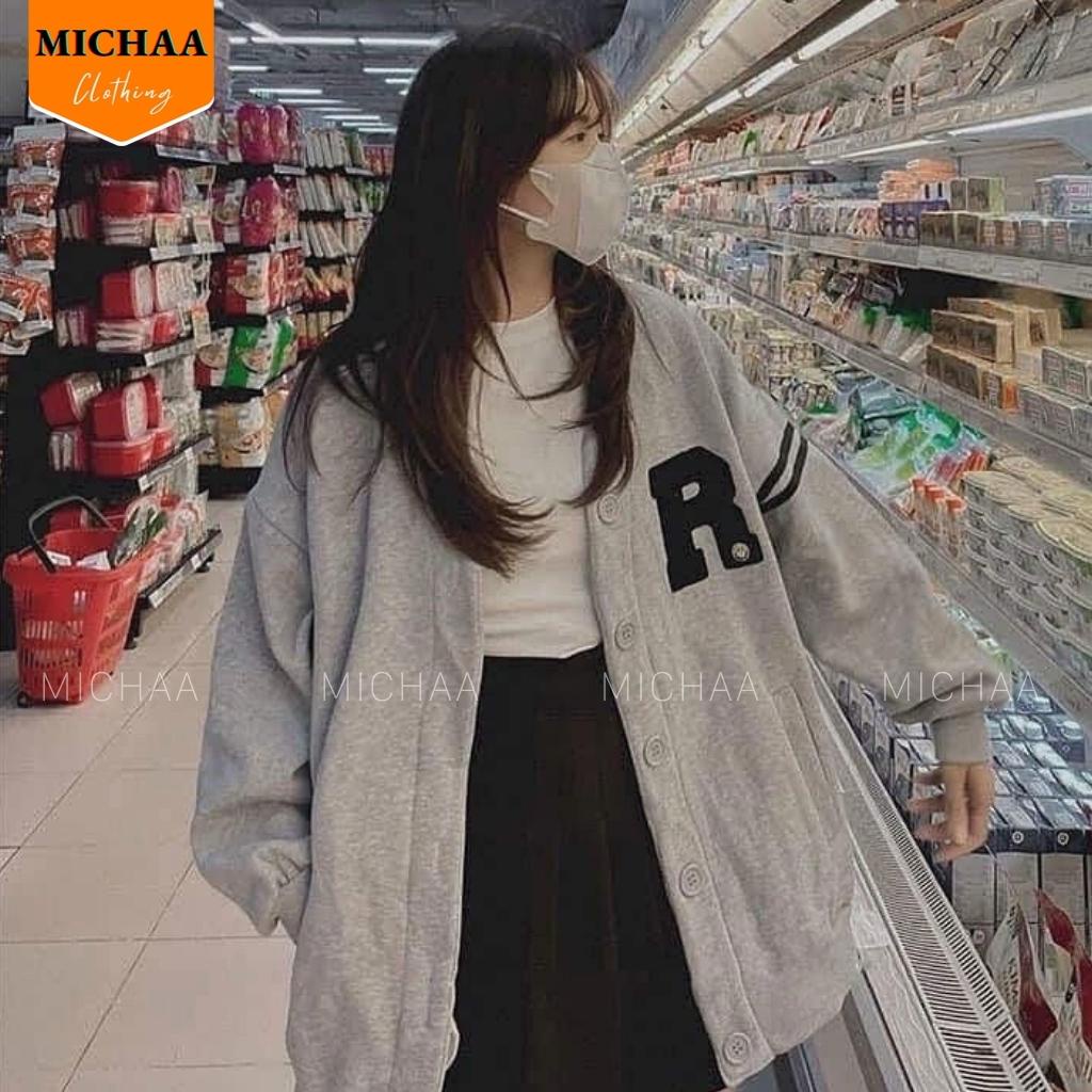 Áo Khoác Cardigian Nỉ CHỮ R THÊU MẶT CƯỜI Nam Nữ Form Rộng - MICHAA