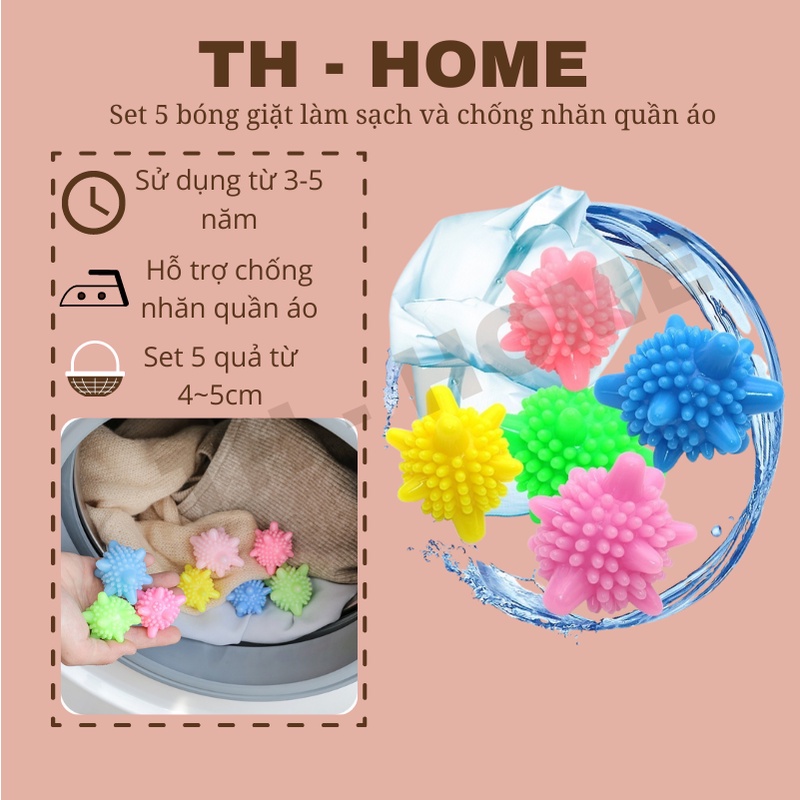 Set 5 quả cầu gai hỗ trợ giặt sạch và chống nhăn quần áo trong máy giặt