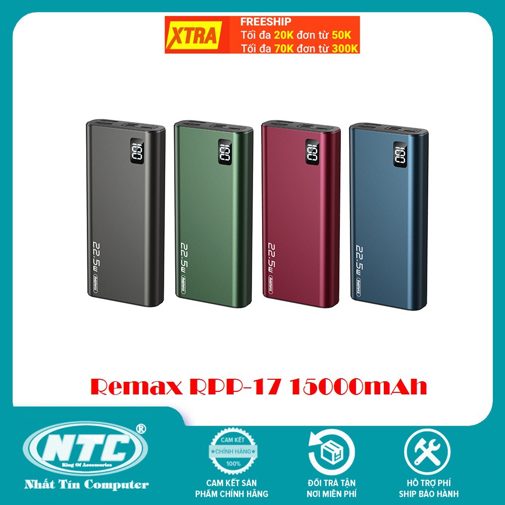 Pin sạc dự phòng Remax RPP-17 15.000mAh sạc nhanh QC3.0 và PD max 22.5W - Hàng chính hãng