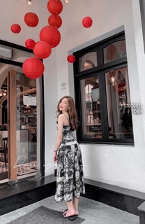 Đầm lụa xòe loang màu cúp ngực 2 dây