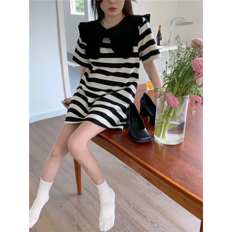 Đầm Xiaozhainv ngắn tay cổ búp bê dáng rộng họa tiết kẻ sọc phong cách Pháp thời trang mùa hè cho nữ