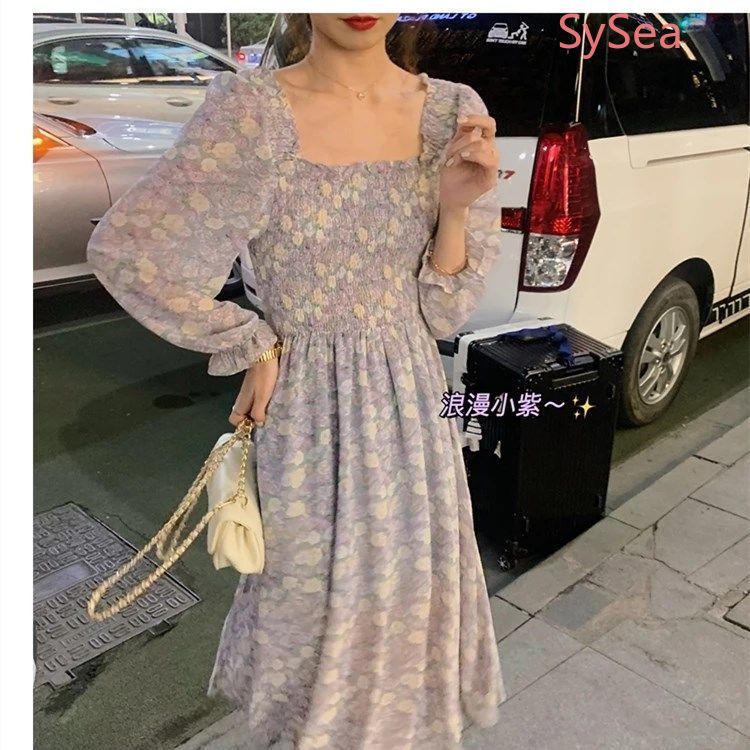 Đầm Tay Dài Chất Chiffon Hoạ Tiết Hoa Thiết Kế Thanh Lịch