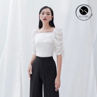 Áo Vai Phồng Dây Rút Cổ Vuông Tay Lỡ Xếp Ly Ngực (TRẮNG)
