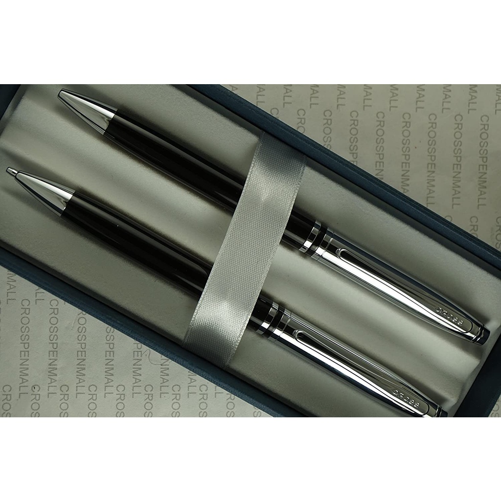 Cặp bút viết cao cấp chính hãng nhập từ Mỹ Cross LACQUER Chrome đen: viết bi + viết chì  làm quà tặng