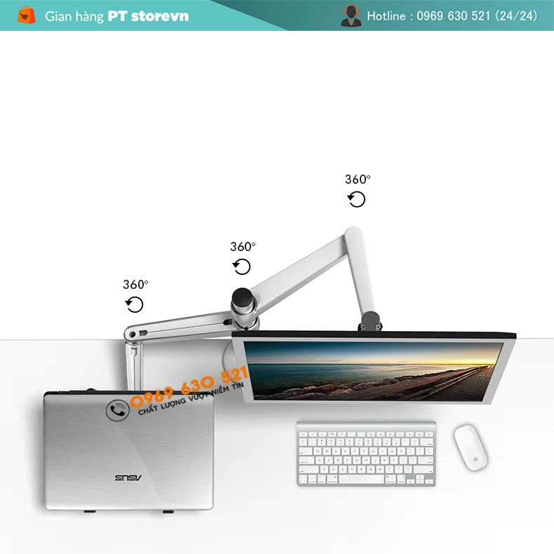 Giá Treo Màn Hình  24 - 27 Inch- Hợp Kim Nhôm Cao Cấp - Kèm Tay Treo Đỡ Laptop 10 - 15.6 Inch -  Model OA-7X