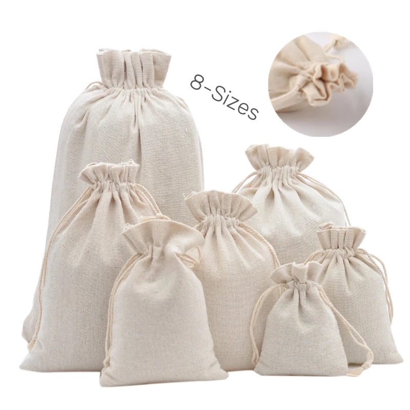 1 Túi Dây Rút Vải Lanh Cotton Trắng 8 Kích Thước Đựng Thực Phẩm Thân Thiện Với Môi Trường Có Thể Tái Sử Dụng