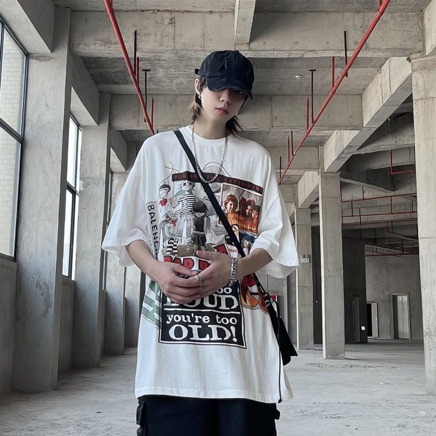 Áo thun ngắn tay rộng phong cách harajuku Nhật Bản cho nam