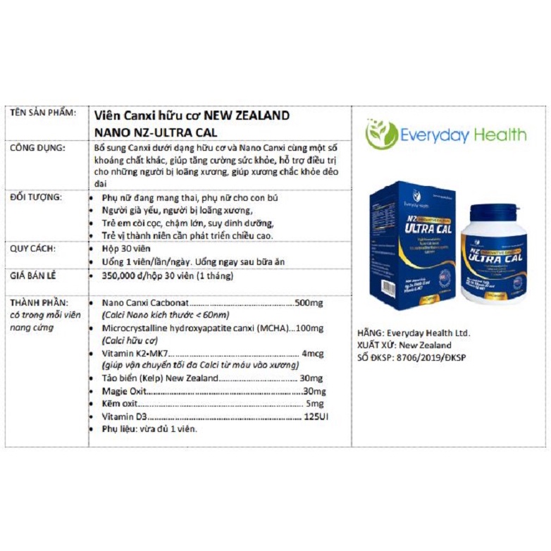 Viên uống Everyday Health NZ - Ultra Cal bổ sung Canxi hữu cơ cho phụ nữ mang thai và người thiếu canxi hộp 60 viên