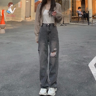 Quần Jeans Nữ Lưng Cao Dáng Rộng Rách Cá Tính Phong Cách Retro