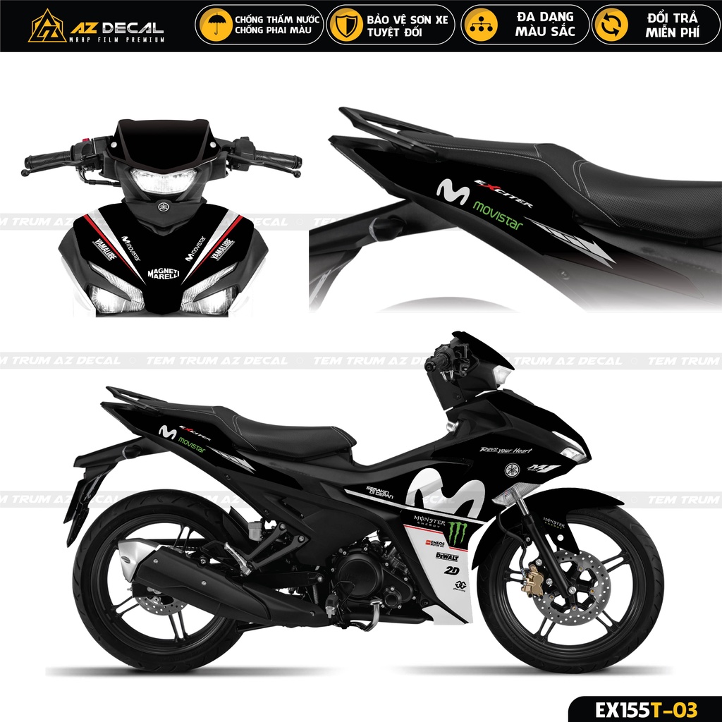 Tem Trùm Exciter 155 Mẫu Yamaha Movistar | EX155T-03 | Decal Dán Xe Ex 155 Chất Liệu Chống Nước Màu Xanh, Đen, Đỏ